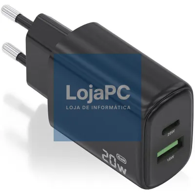 Carregador de parede GaN Aisens A110-0910/ 1xUSB Tipo-C/ 1xUSB/ 20W/ Preto