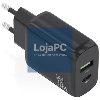 Carregador de parede GaN Aisens A110-0924/ 1xUSB Tipo-C/ 1xUSB/ 30W/ Preto