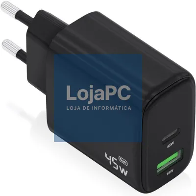 Carregador de parede GaN Aisens A110-0972/ 1xUSB Tipo-C/ 1xUSB/ 45W/ Preto