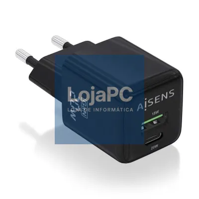 Carregador de parede GaN Aisens ASCH-20W2P011-BK/ 1xUSB Tipo-C/ 1xUSB/ 20W