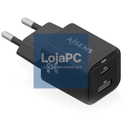 Carregador de parede GaN Aisens ASCH-30W2P021-BK/ 1xUSB Tipo-C/ 1xUSB/ 30W