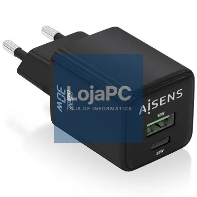 Carregador de parede GaN Aisens ASCH-30W2P038-BK/ 1xUSB Tipo-C/ 1xUSB/ 30W