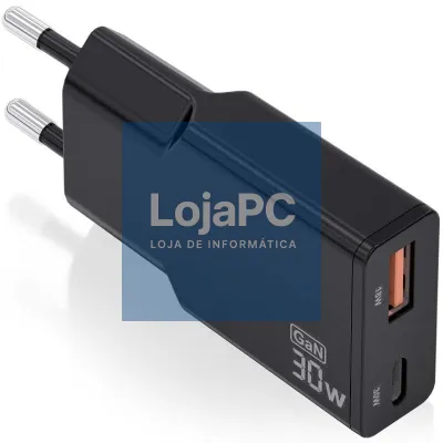 Carregador de parede GaN Aisens ASCH-30W2P047-BK/ 1xUSB Tipo-C/ 1xUSB/ 30W/ Preto