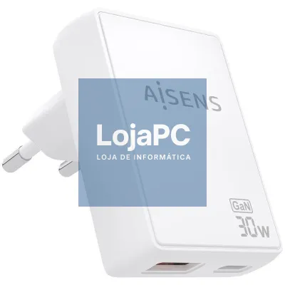 Carregador de parede GaN Aisens ASCH-30W2P074-W/ 1xUSB Tipo-C/ 1xUSB/ 30W/ Branco