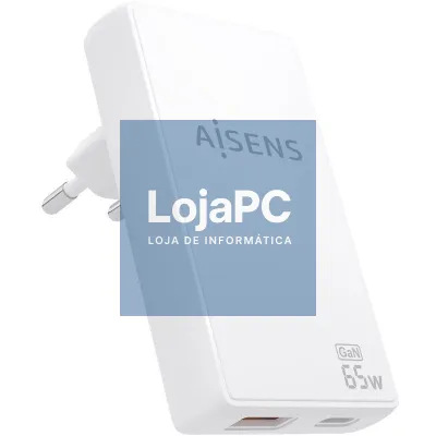 Carregador de parede GaN Aisens ASCH-65W2P076-W/ 1xUSB Tipo-C/ 1xUSB/ 65W/ Branco