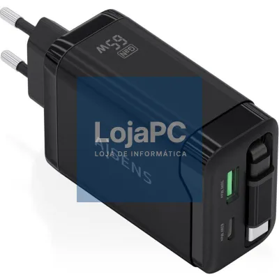Carregador de parede GaN Aisens ASCH-65W3P071-BK/ 1xUSB Tipo-C/ 1xUSB/ 65W/ Preto