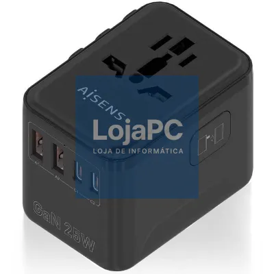 Carregador de parede Universal GaN para Viaje Aisens ASPS-2A2C08-BK/ Tomada de Corrente Universal/ 2xUSB Tipo-C/ 2xUSB/ 25W