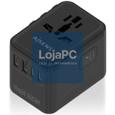 Carregador de parede Universal GaN para Viaje Aisens ASPS-2A3C09-BK/ Tomada de Corrente Universal/ 3xUSB Tipo-C/ 2xUSB/ 35W