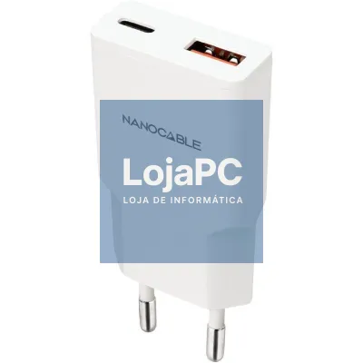 Carregador de parede Nanocable 10.10.2022/ 1xUSB Tipo-C/ 1xUSB/ 20W/ Branco