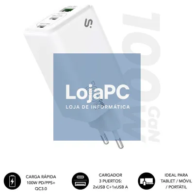 Carregador de parede GaN Subblim 100W Charger USB C+C+A/ 2xUSB Tipo-C/ 1xUSB/ 100W