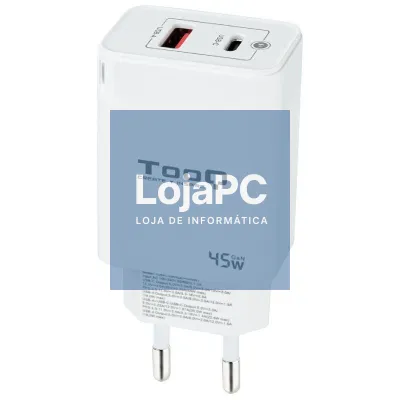 Carregador de parede GaN TooQ TQWC-GANQCPD45WT/ 1xUSB Tipo-C/ 1xUSB/ 45W