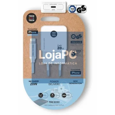 Carregador de parede Tech One Tech TEC2222/ 1xUSB Tipo-C + Cabo Lightning/ 20W/ Branco
