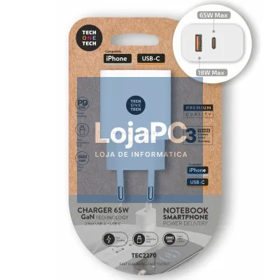 Carregador de parede GaN Tech One Tech GaN TEC2270/ 1xUSB Tipo-C/ 1xUSB/ 65W/ Branco