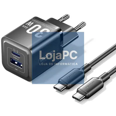 Carregador de parede GaN Vention TZ-FEQB0-EU-01/ 1xUSB Tipo-C/ 1xUSB + Cabo USB Tipo-C/ 30W