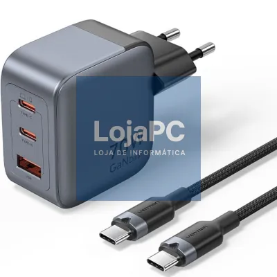 Carregador de parede GaN Vention TZ-FEXH0-EU/ 2xUSB Tipo-C/ 1xUSB + Cabo USB Tipo-C/ 70W