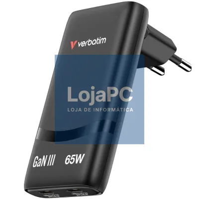 Carregador de parede GaN Verbatim Fold 'n' Go/ 2xUSB Tipo-C/ 65W