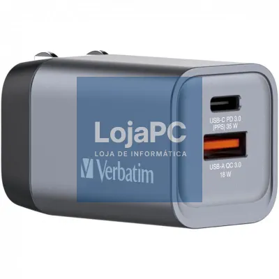 Carregador de parede Universal GaN para Viaje Verbatim GNC-35/ 1xUSB Tipo-C/ 1xUSB/ 35W