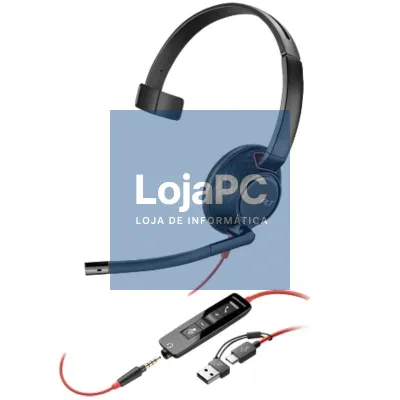 Auscultador Poly Blackwire 5210 + Adaptador USB-C/A/ com Microfone/ Jack 3.5mm/ Preto
