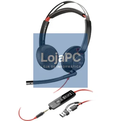 Auscultadores Poly Blackwire 5220 + Adaptador USB-C/A/ com Microfone/ Jack 3.5mm/ Preto