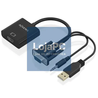 Cabo Conversor Aisens A115-0872 SVGA Macho - USB Macho/ Jack Macho - HDMI Fêmea/ 20cm/ Preto