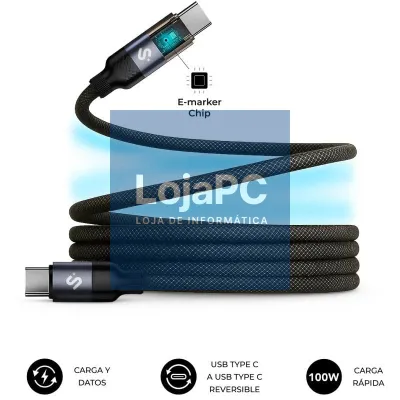 Cabo USB 2.0 Tipo-C Subblim PowerMag Led/ USB Tipo-C Macho - USB Tipo-C Macho/ até 100W/ 480Mbps/ 2m/ Preto