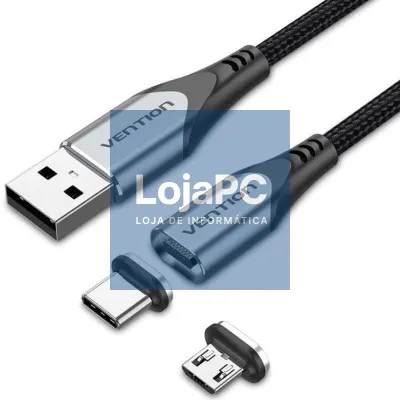 Cabo de Carga Magnético USB Tipo-C com Adaptador MicroUSB Vention CQMHD/ MicroUSB Macho - USB Tipo-C Macho/ USB Macho/ até 60W/ 480Mbps/ 50cm/ Cinzento