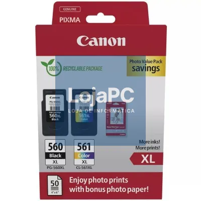 Tinteiro Original Canon PG-560XL + CL-561XL Multipack Alta Capacidade/ Preto/ Tricolor + Papel fotográfico