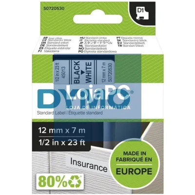 Cinta Rotuladora Adhesiva de Plástico Dymo D1 45013/ para Label Manager/ 12mm x 7m/ Preta-Branca