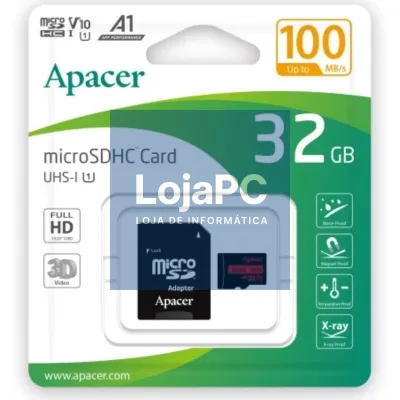 Cartão de memória Apacer 32GB microSD HC UHS 1 com Adaptador/ Classe 10/ 100MBs