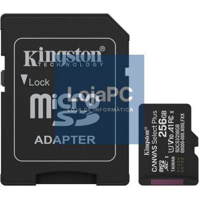 Cartão de memória Kingston CANVAS Select Plus 256GB microSD XC com Adaptador/ Classe 10/ 150MBs