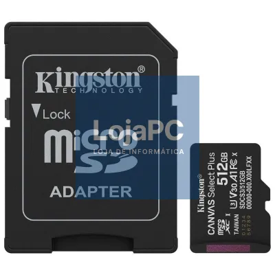 Cartão de memória Kingston CANVAS Select Plus 512GB microSD XC com Adaptador/ Classe 10/ 150MBs
