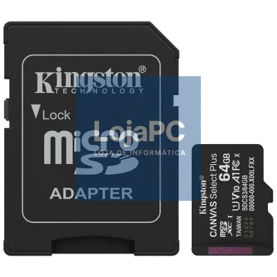 Cartão de memória Kingston CANVAS Select Plus 64GB microSD XC com Adaptador/ Classe 10/ 100MBs