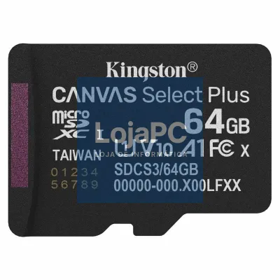 Cartão de memória Kingston CANVAS Select Plus 64GB microSD XC/ Classe 10/ 100MBs