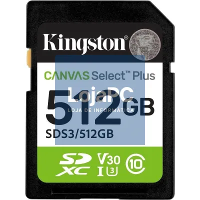 Cartão de memória Kingston CANVAS Select Plus 512GB SD XC/ Classe 10/ 150MBs