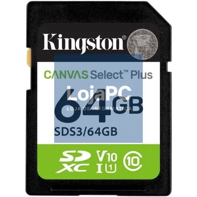 Cartão de memória Kingston CANVAS Select Plus 64GB SD XC/ Classe 10/ 100MBs