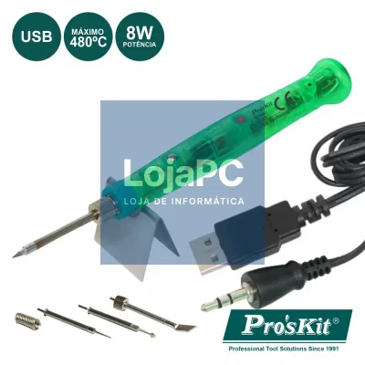 FERRO DE SOLDAR 8W C/ LIGAÇÃO USB 5V E ACESSÓRIOS PROSKIT