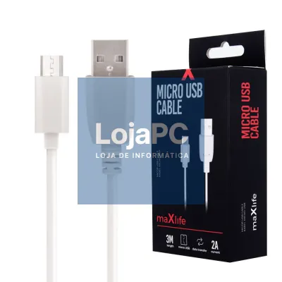 Cabo USB-A 2.0 2A Macho / Micro USB-B Branco 3m