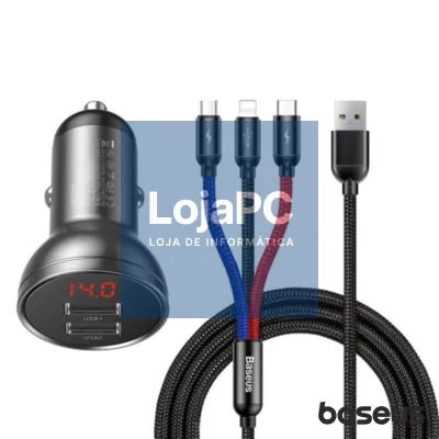 Adaptador Ficha Isqueiro 2 USB-A 5V 4.8A C/ Cabo 3em1 BASEUS