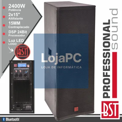 COLUNA AMPLIFICADA PRO 2X15" 2400W 4 MODOS BT 15MM MDF BST