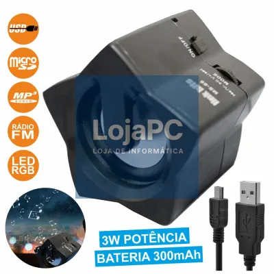 COLUNA PORTÁTIL 3W USB/SD/FM/AUX/BAT LEDS RGB