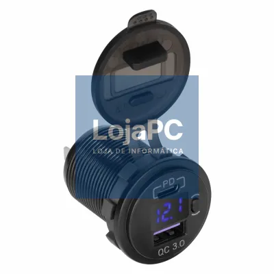 Tomada Dupla USB-A / USB-C de Embutir C/ Voltímetro QC3.0