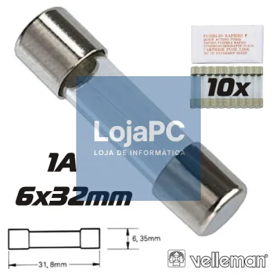FUSÍVEL 6X32 FUSÃO LENTA 1A (10X) VELLEMAN