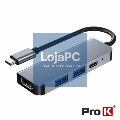 Hub USB-C 4 em 1 P/ HDMI/USB 2.0/USB 3.0/USB-C PD PROK