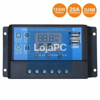 REGULADOR PAINEL FOTOVOLTÁICO 20A 12/24VDC 2X USB