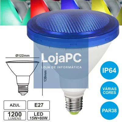 LÂMPADA E27 15W=80W 230V LED PAR38 AZUL IP64 1200LM