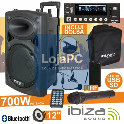 COLUNA AMPLIFICADA 12" 700W USB/BT/SD/BAT UHF PRETA IBIZA