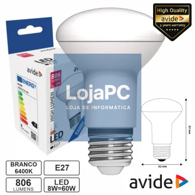 Lâmpada LED E27 R63 8W 230V 6400K 806lm AVIDE