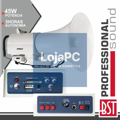 MEGAFONE 45W MIC REMOVÍVEL MP3 12V USB/SD 2 ALERTAS BSTPRO