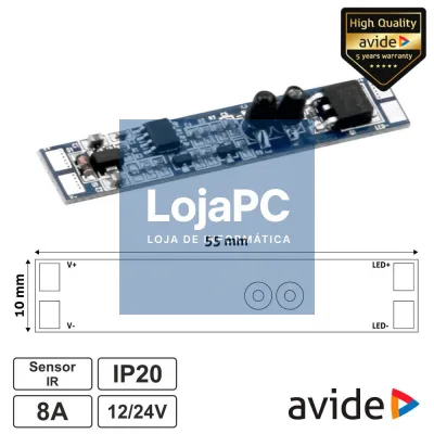 Controlador Mini c/ Sensor IR p/ Fita LEDS 12/24V 8A AVIDE
