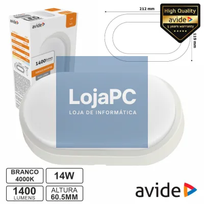 Painel LED Oval Aplique 14W 212mm 4000K 1400lm IP54 AVIDE